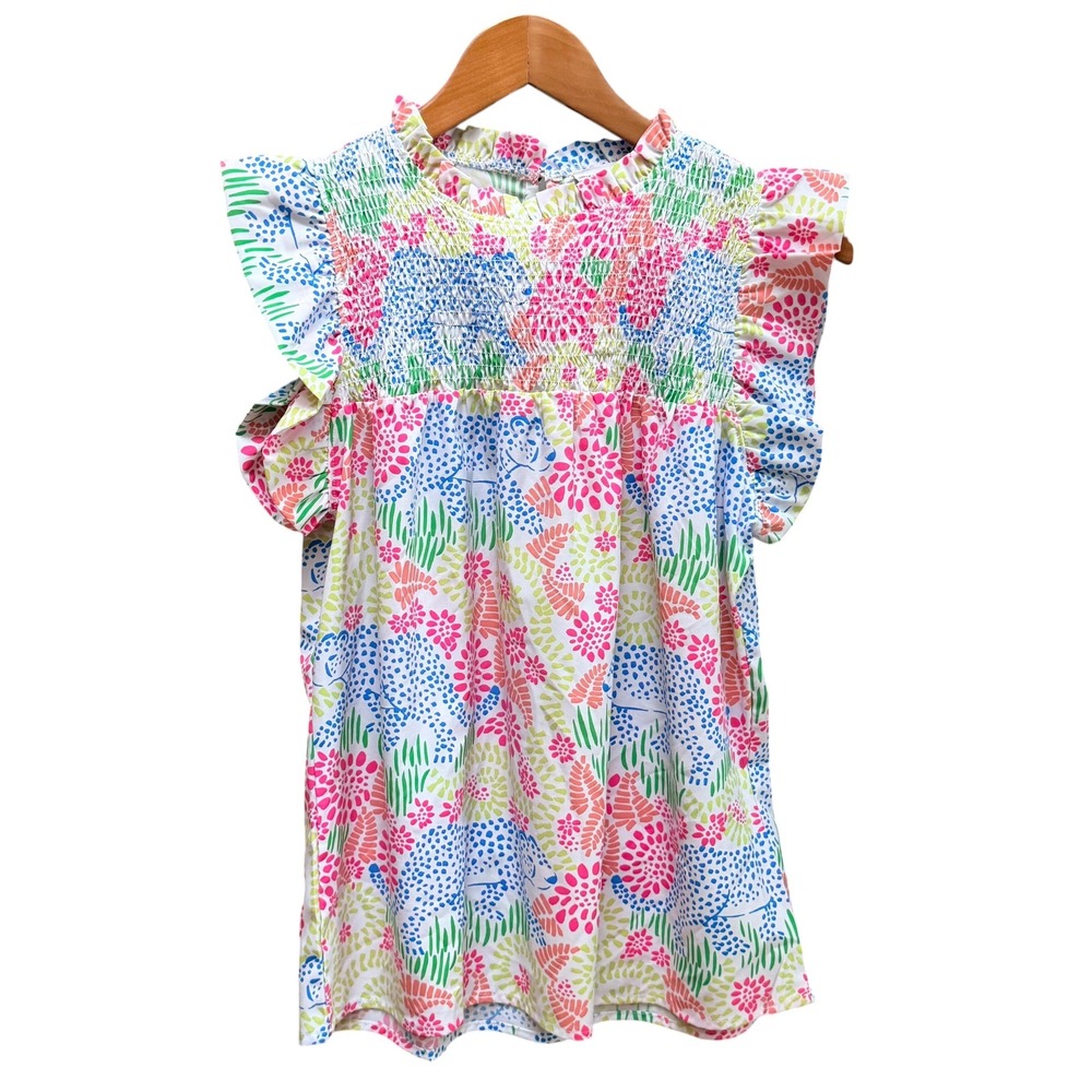 Michelle McDowell Top Women S Multicolor Animal Print‎ Smock Flutter Sleeve Boho